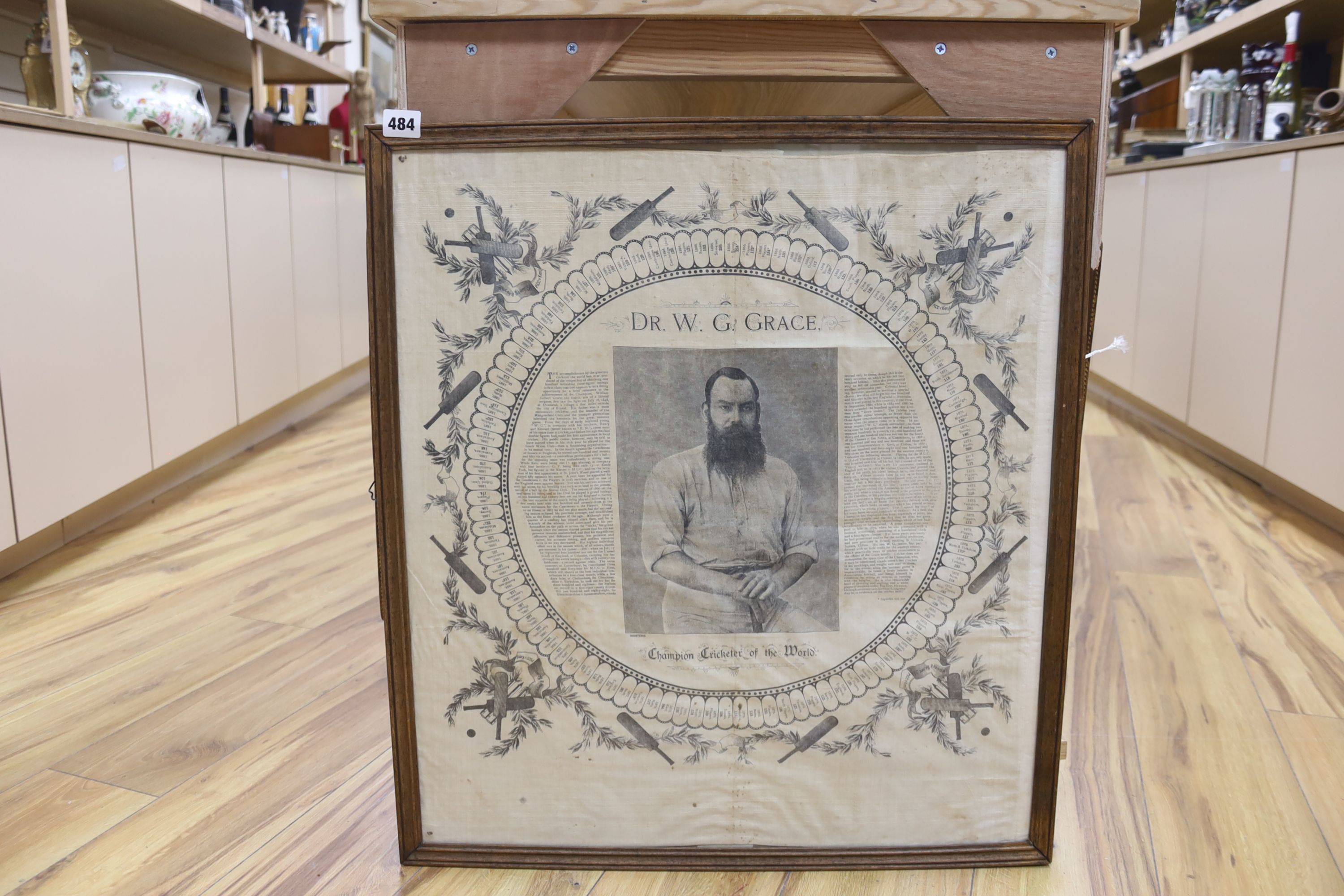 A framed printed handkerchief commemorating Dr W.G. Grace, c.1900, 61 x 55cm